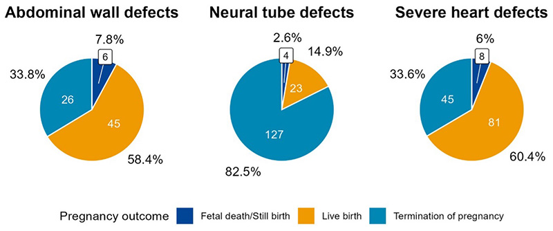 Proportion and frequencies of the pregnancy outcome after a diagnosis of abdominal wall defects, neural tube defects and severe heart defects, among those diagnosed prenatally