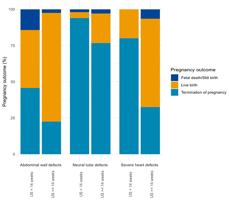 Pregnancy outcome for abdominal wall defects, neural tube defects and severe heart defects after the first positive prenatal ultrasound, followed by prenatal diagnosis