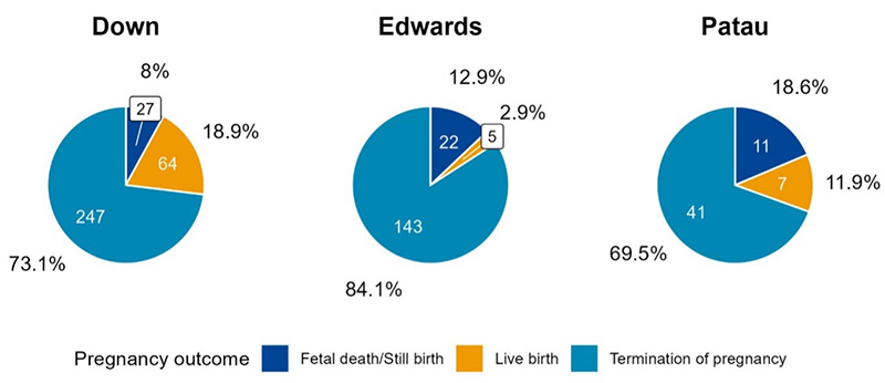 Proportion and frequencies of the pregnancy outcome after a diagnosis of Down, Edwards or Patau syndrome, among those diagnosed prenatally
